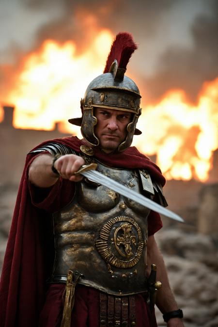 photograph of a man dressed like a roman soldier pointing a sword at the viewer, ancient rome is burning in the background