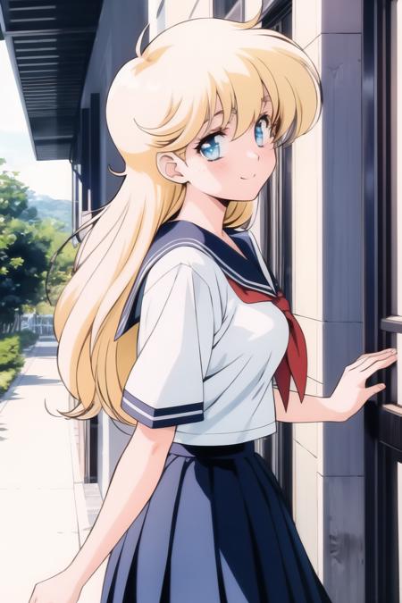 masterpiece, best quality, high-res, perfect lighting, morning, 
illies, 1girl, solo, blonde hair, long hair, blue eyes, large breasts, 1990s \(style\), retro artstyle,
smile, blush, seifuku, white school uniform, 
walking, looking at viewer, outdoor, from side, seasc
<lora:illies_plastic_little_v2.1:0.8> <lora:GoodHands-vanilla:1>