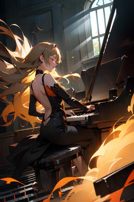 (masterpiece:1.3),(best quality:1.2),8k,absurdres,unity 8k wallpapper,(extremely detailed:1.3),highestres,
1girl,backless black dress,(playing piano:1.2),sitting,chair,(Entranced:1.3),realistic,dim light,light beam,performance,(god rays:1.1),(floating papper:1.3),music score,(floating long hair:1.2),closed eyes,Black high heels,blury,<lora:classic_piano-10:0.7>, floating clothes,,hell,lava,fire,