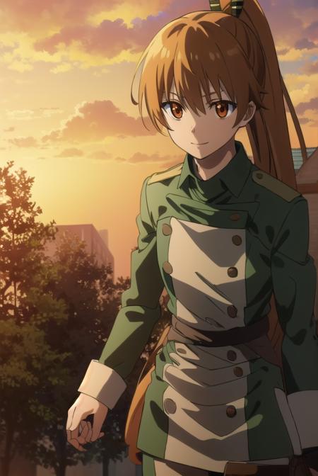 seryuuubiquitous, <lora:seryuu ubiquitous s1-lora-nochekaiser:1>,
seryuu ubiquitous, brown hair, (brown eyes:1.3), uniform, gauntlets, green uniform, military uniform, long sleeves, ponytail, long hair, hair over shoulder, smile,
BREAK ,
BREAK outdoors, nature, forest, trees, grass, sky, clouds,
BREAK looking at viewer, (cowboy shot:1.5),
BREAK <lyco:GoodHands-beta2:1>, (masterpiece:1.2), best quality, high resolution, unity 8k wallpaper, (illustration:0.8), (beautiful detailed eyes:1.6), extremely detailed face, perfect lighting, extremely detailed CG, (perfect hands, perfect anatomy),