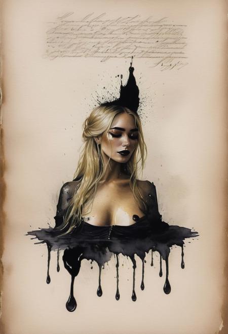 RAW profile photo, close-up, dark atmosphere, crying with tears made of gold, masterpiece, cinematic film still of a blonde beautiful woman, detailed skin, freckles ,eyeliner, dark lipstick, black lace turtleneck dress, tack sharp focus on eyes, Sensual, lustful, seductive,  intricate, ultra detailed, 8k, <lora:MS_DitavT_V1_32:0.6>