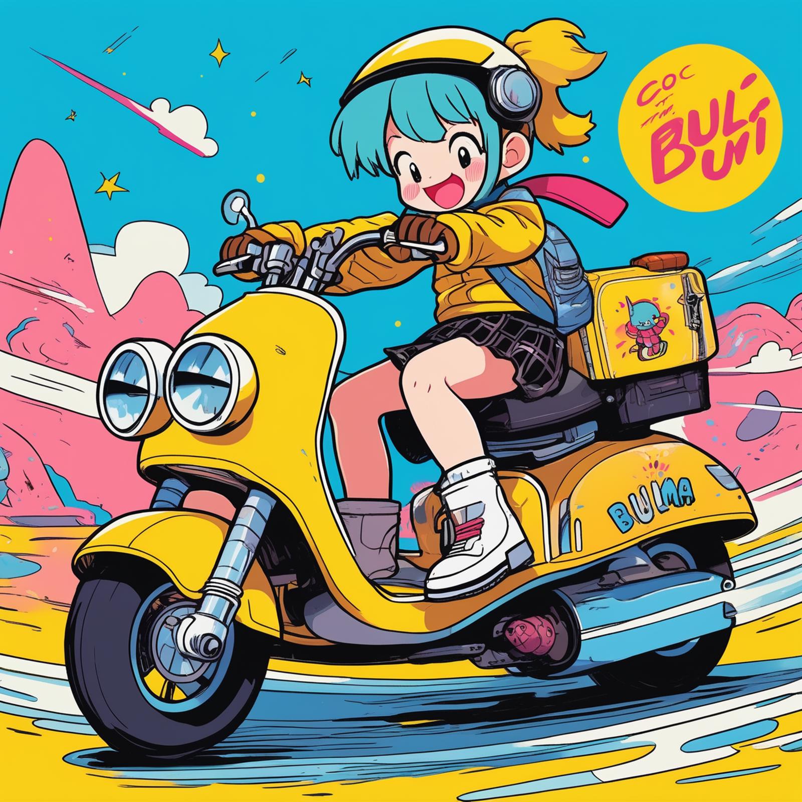 A cartoon girl riding a yellow scooter with a backpack on.