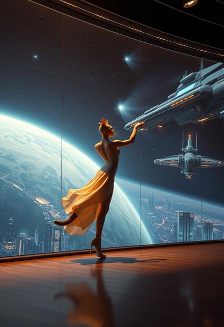 a beautiful elegant female anthropogenic cat dancer is dancing on a futuristic stage micro-LED lighted, behind the dancer on the stage is an enormous seamless and futuristic wall to wall and floor to ceiling window that looks out at a planet from low orbit, the planet is covered with the lights of enormous buildings and cities, An enormous deco starship with futuristic lighting and an enormous space station are visible in the background among the stars, Artistic art deco, dynamic perspective, (((overall architectural aesthetic is Art Deco Cyberpunk))).  Epic image that elicits a feeling of wonder and awe, nebula in distance, extreme detail with city and lights,