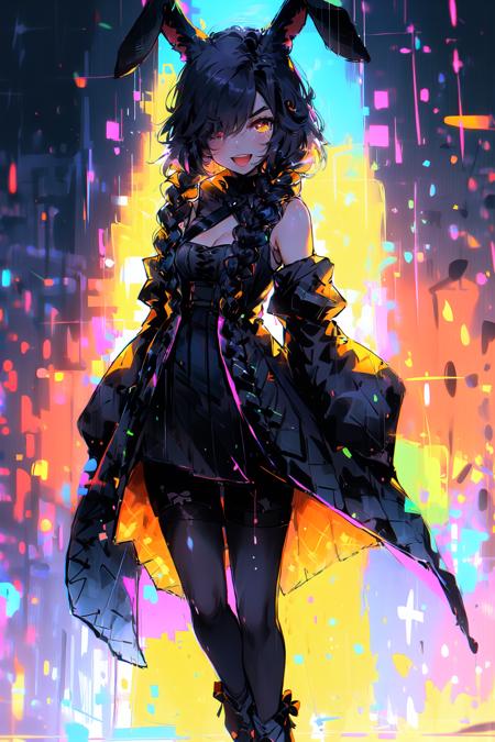 <lora:apocalyptic_cyberpunk:1>, 1girl, usada pekora, animal ears, solo, rabbit ears, virtual youtuber, long hair, food-themed hair ornament, one eye closed, gloves, braid, pantyhose, carrot hair ornament, twin braids, blue hair, animal ear fluff, don-chan (usada pekora), hair ornament, black gloves, full body, white hair, breasts, open mouth, standing, multicolored hair, fur trim, two-tone hair, white background, simple background, looking at viewer, thick eyebrows, twintails, shoes, standing on one leg, bangs, smile, fur-trimmed gloves, bow, dress, strapless, white footwear, white dress, leotard, blush, small breasts, black pantyhose, hair bow, detached sleeves, rabbit girl, white bow, carrot, ;d, orange eyes, short eyebrows, short sleeves, bare shoulders, fur scarf, fur-trimmed dress, black leotard, bridal garter, puffy short sleeves, puffy sleeves, red eyes, cleavage