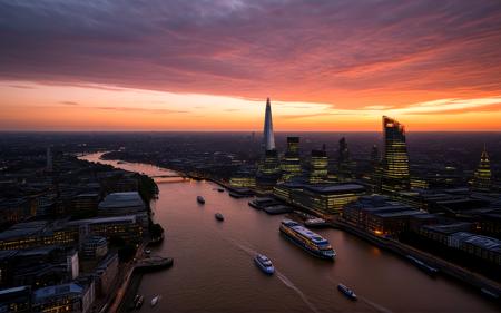 ,A tranquil summer dusk at the Shard, the skyline bathed in warm hues of orange and pink, the River Thames glistening below, with boats gently gliding by, creating a peaceful yet vibrant atmosphere, showcasing Londonâs architectural beauty against a stunning sunset,, sweeping landscapes, unique perspectives, epic scale, revealing hidden beauty, showcasing vastness, immersive experience, precise compositions, expert piloting, dynamic angles, cinematic storytelling, showcasing natural wonders, aerial exploration