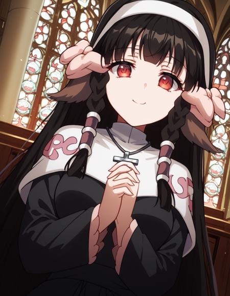 rurutie, long hair, bangs, black hair, animal ears, sidelocks, hair tubes, red eyes, bow, hair bow, braid, twin braids, medium breasts, long sleeves, tail, ainu clothes, capelet, wide sleeves,