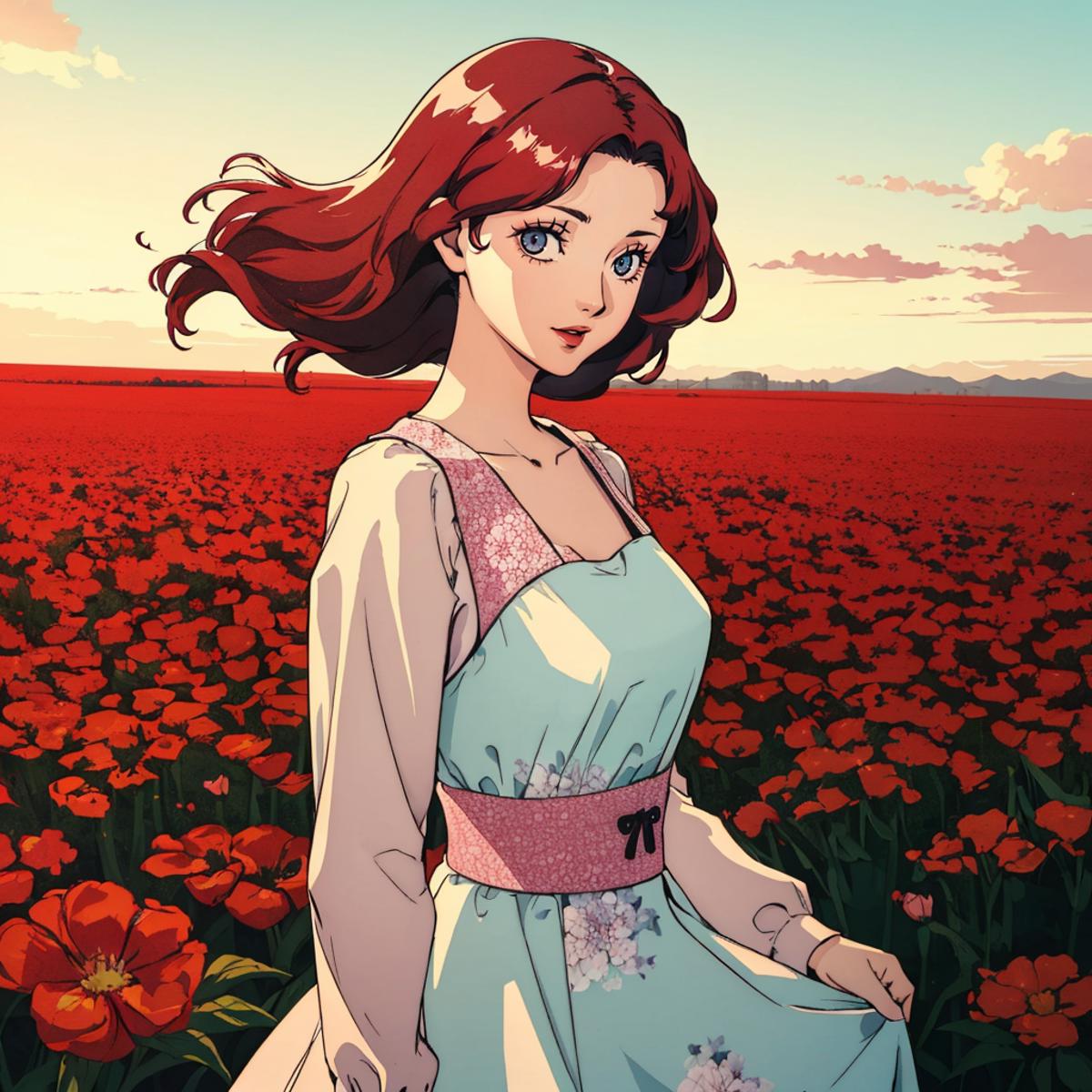 A beautiful animated woman with long brown hair standing in a field of red flowers.