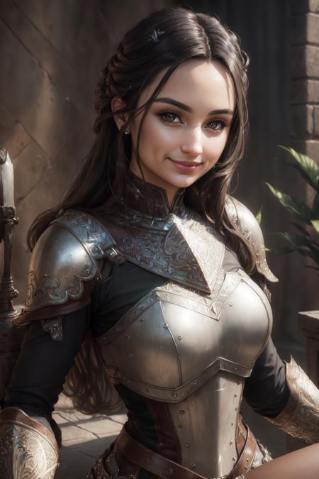 (masterpiece), (extremely intricate:1.3), (realistic), portrait of elizaibarra, smiling, (leather armor:1.1), slight smile, soft gaze, (vibrant colors:1.1), professional photograph detailed, sharp focus, dramatic, award winning, cinematic lighting, octane render, unreal engine, <lora:elizaibarra:1>