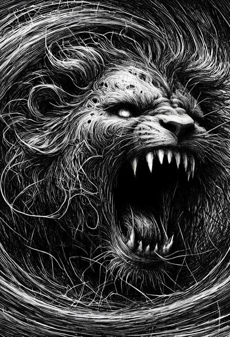 A monstrous chimera, its body constantly warping and redrawing itself into new shapes, as if created by an unstable artist. Its shifting anatomy is an amalgamation of jagged, frantic strokes, never fully solidifying into one form. A lion’s head stretches into a serpent’s jaw before dissolving into tangled ink trails. Its multiple limbs flicker in and out of existence, some appearing as mere outlines while others are detailed in raw, expressive chaos. The ground beneath it is unstable, filled with scribbled-over sketches of other chimeras, each one an abandoned concept trying to break into reality. ScribbleRay style, ultra-detailed, surreal shifting anatomy, aggressive ink motion, abstract horror, glitchy distortions, bold high-contrast lighting. ScribbleRay