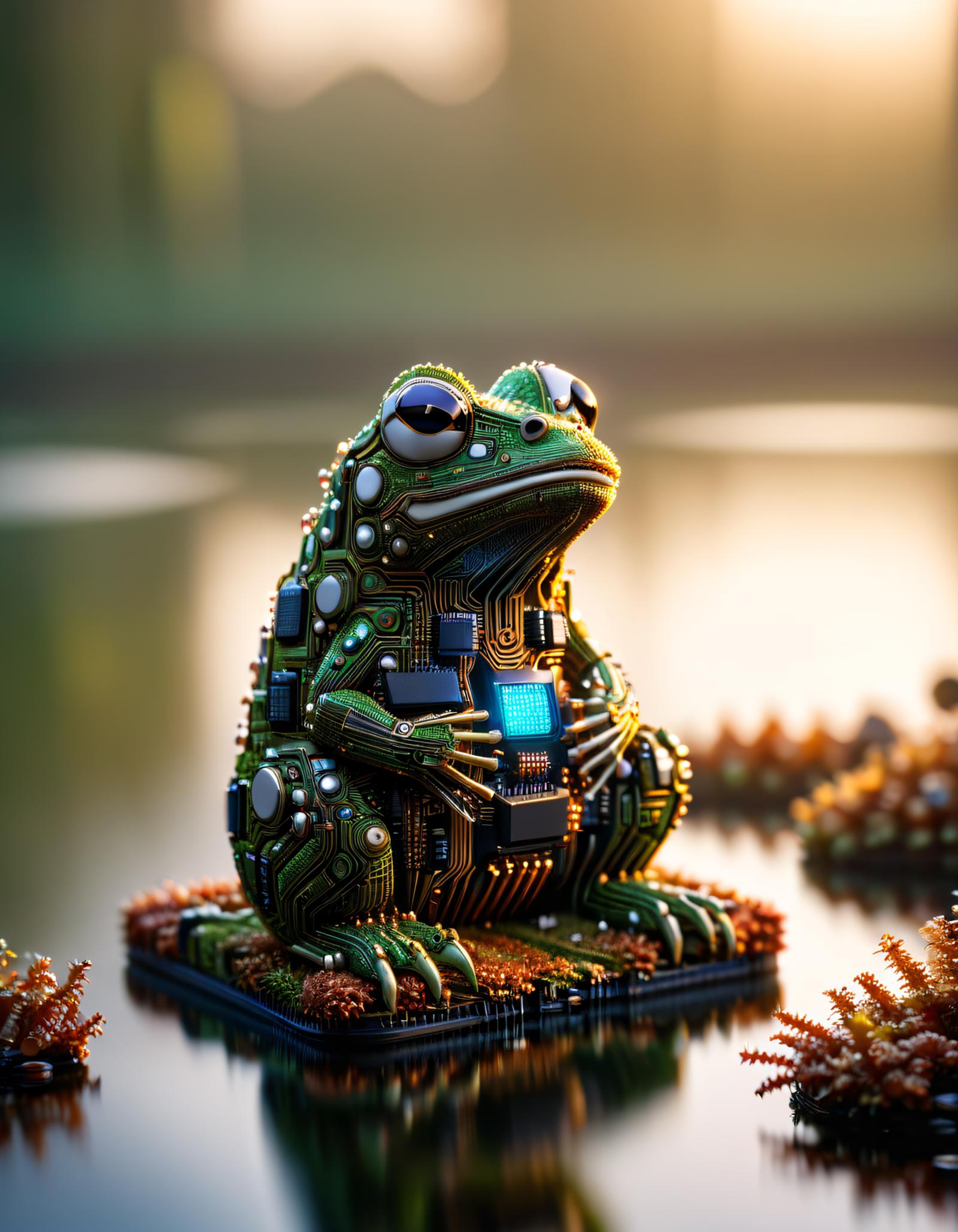 A green frog with a computer circuit board on its back, sitting on a mossy surface.