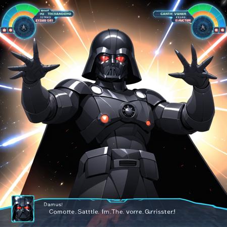 A dynamic half-portrait of Darth Vader in a video game scene, prominently positioned in the center. Vader is depicted making a powerful gesture, <lora:robotulta4:0.7>, perhaps using the Force, with his iconic black armor and cape dramatically detailed. The game's UI encircles the scene, displaying various stats and meters in futuristic fonts. A dialogue box is present, showing a critical plot point or a commanding statement from Vader. The background is filled with the chaos of a space battle, with starships and distant explosions, adding to the scene's intensity and grandeur.