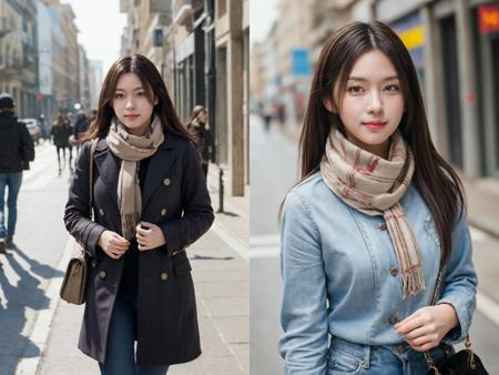 1girl, realistic, ((Masterpiece, best quality,edgQuality)), smug,smirk, edgADC_fashion, a woman with a scarf on is walking down the street ,wearing edgADC, <lbm=FACES>