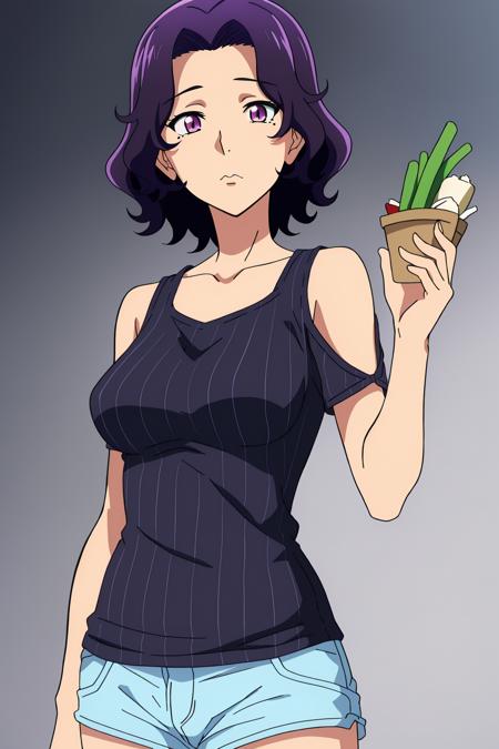 ((best quality)),((highly detailed)),masterpiece,absurdres, detailed face,beautiful face,(detailed eyes, deep eyes),(1girl),((dynamic pose)), <lora:AzusaV1:0.7>, Azusa, solo, purple hair, purple eyes, shorts, shoulder cutout, short hair, clothing cutout, breasts, food, medium breasts, denim, striped, shirt, cowboy shot, mole, collarbone, denim shorts, bare shoulders, short shorts, blue background, hair intakes, blue shorts, holding, casual, looking at viewer, black shirt, simple background, gradient background, mole under eye, gradient, striped shirt, standing