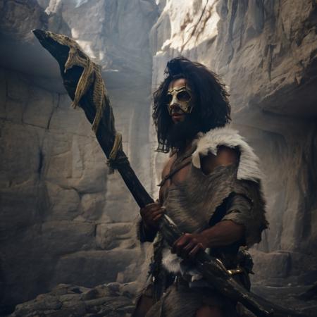 stone_man holding stone-axe holding stone-spear