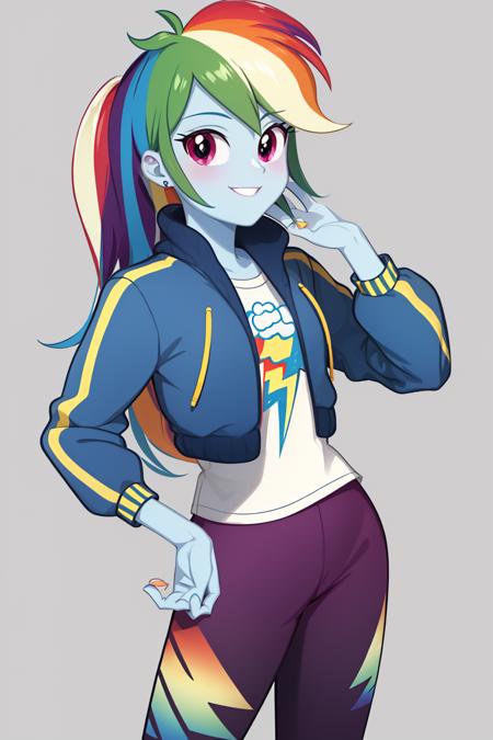 (masterpiece, best quality:1.2), <lyco:mlp_rainbowdash-10:1.0>, cowboy shot, solo, 1girl, mlpdash, colored skin, blue skin, smile, looking at viewer, hand on hip, rainbow hair, purple eyes, cropped jacket, shirt, pants