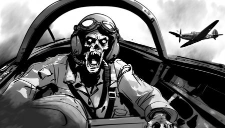 <lora:storyboard sketch:0.5>storyboard sketch of a WWII horrific furious yelling rotting zombie pilot in the cockpit of a spitfire, action shot, closeup, dogfight, splattered, skull