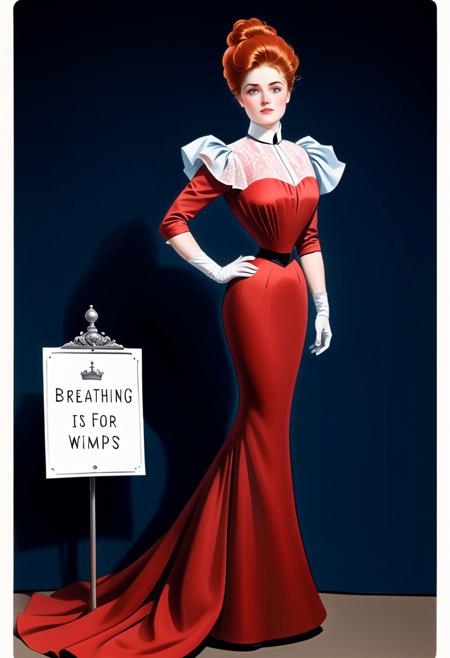 An (elegantly dressed very tall and dominant Gibson Girl in a palatial room hold a text sign that says "Breathing is for wimps" :1.5), Perfect Hands , masterpiece, wearing a richly coloured Edwardian evening gown and a narrow fitted skirt. The scene is moody, the dominant colour being the bright red of the woman's lips. A photograph by Charles Dana Gibson. , Perfect Hands, detailed eyes,, perfect eyes,, freckles,, perfect skin texture, photorealistic eyes, illustration, by g1bs0n