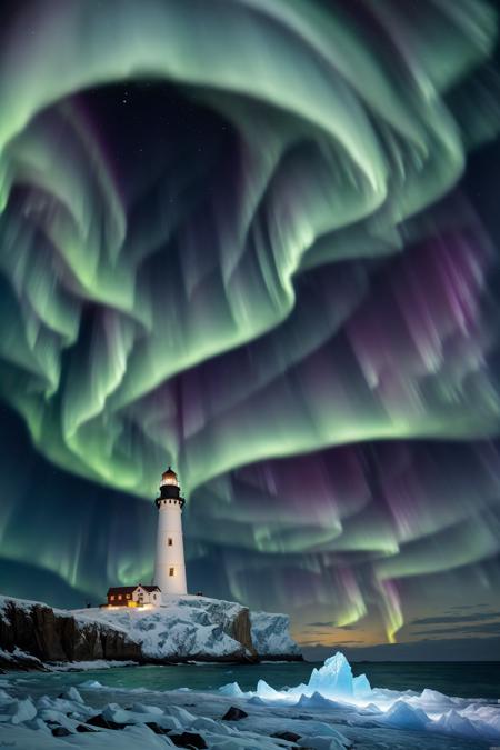 epic arctic coast, glowing blue icebergs, frozen waves crashing against cliffs, aurora borealis lighting the night sky, high detail frozen textures, soft moonlight reflecting on snow, lonely lighthouse in the distance, hyperrealistic style
