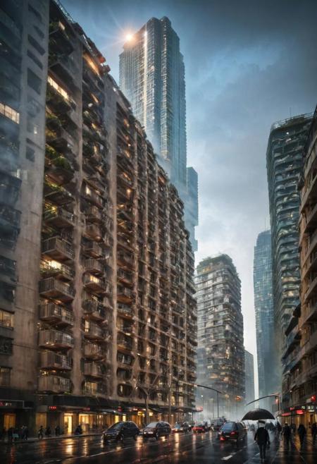 (shot from street, POV, DOF, modern design, skyscraper, surrounded by high-rise buildings:1.4), 
 (amazing,  mystery,  Spectacular,  Luxurious,  elegance,  perfect design:1.3), 
(large file,  super realistic,  perfect,  photograpy,  construction sales photograpy,  Interior design,  super high resolution,  cinematic photography, masterpiece:1.2), 
(LIGHLESS, BACKLIGHTING, dramatic lighting, ray tracing, clear shadow, light pollution:1.2), 
(a narrow street with passerby),
(heavr rain, ultra detail raindrop:1.5),
(white and black color tints, harmonious color:1.2), 
(modern|fesgan|sci-fi|future|Organicism_style:0.8),
[skyscraper|building|viaduct|future city|MRT|park|neon sign_urban landscape::0.8],
[(urban landscape|Tower crane|skyline|nature landscape:changeable cloud:0.4):0.8],
[:(Door details,  Window details,  Railing details,  Staircase details,  Furniture details,  Appliance details,  Vehicle details,  Leaf details,  Stone texture,  Wood texture,  Marble texture,  Cement texture,  metal texture,  glass texture:0.4):0.85], 
(blurred background:1.4), 
[(background,  more_details:0.3),  (more_details:0.6),  (more_details:0.8), 
(more_details:1.2):0.65], aw0k illuminate, vertical,<lora:EMS-59651-EMS:0.800000>,<lora:EMS-259973-EMS:1.200000>