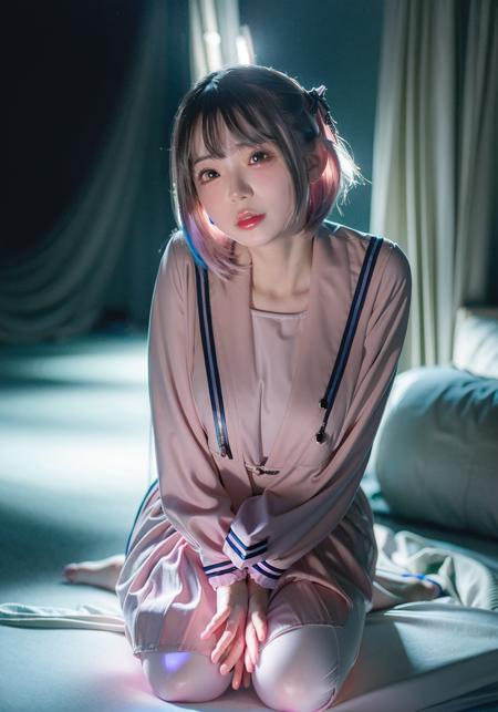 (masterpiece, best quality:1.3), 1 young girl, smile,jirai fashion with pink ,blouse ,blue hair, long hair, looking at viewer,8k,raw,bed,white socks,night,moonlight,lamp,1woman,round face,old house,black_dress,<lora:xinbaoxinbao_v3:0.8>, <lora:LoraLandmineGirlFashion_v20:0.8>,