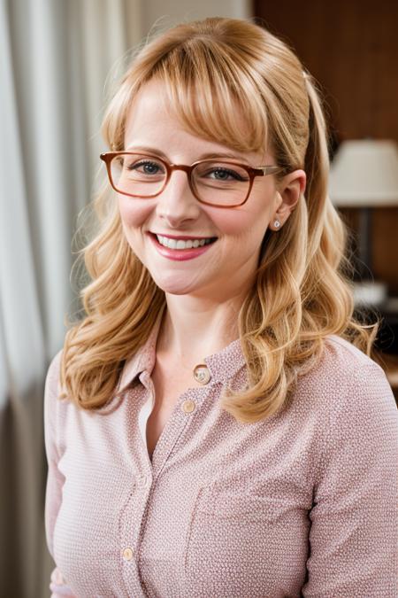 RAW photo, melissa rauch as bernadette rostenkowski wearing glasses with a smile on her face, 8k uhd, dslr, soft lighting, high quality, film grain, Fujifilm XT3 <lora:meldette:1>