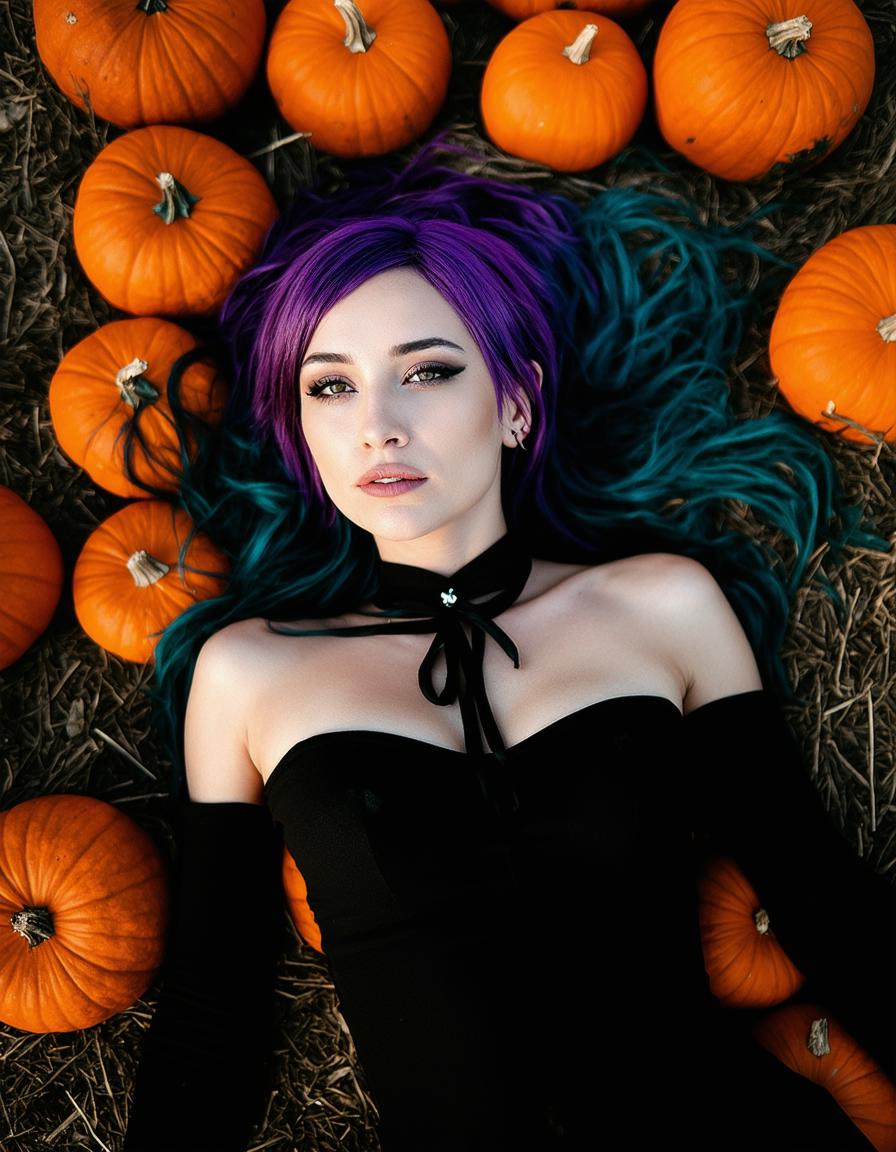 medium shot photo (from above angle) of an incredibly stunning goth Italian woman with a small face and fair skin. She has purple, cyan, and orange-colored hair, and she's wearing a stylish black goth dress. 

Setting: She lying in the middle of a large pumpkin patch with her legs crossed, and the sun is setting casting a warm hue of light across subject. Lighting is getting dim but sun provides stellar edge lighting as well as acentuation and warm hue around subject.

The photo is taken from a high angle, with the woman's face and upper body in focus. The sunlight is soft and warm, casting gentle shadows.


Incredibly beautiful raw photo, perfectly executed down to the smallest detail. 
35mm photograph, film, bokeh, professional, 4k, highly detailed