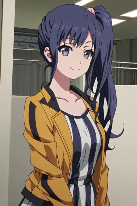 best quality, masterpiece, highres, solo, {imai_midori_shirobako:1.15}, long_hair, blue_hair, side_ponytail, 1girl, anime_coloring, collarbone, indoors, jacket, shirt, yellow_jacket, bangs, sidelocks, smile, striped, upper_body, closed_mouth