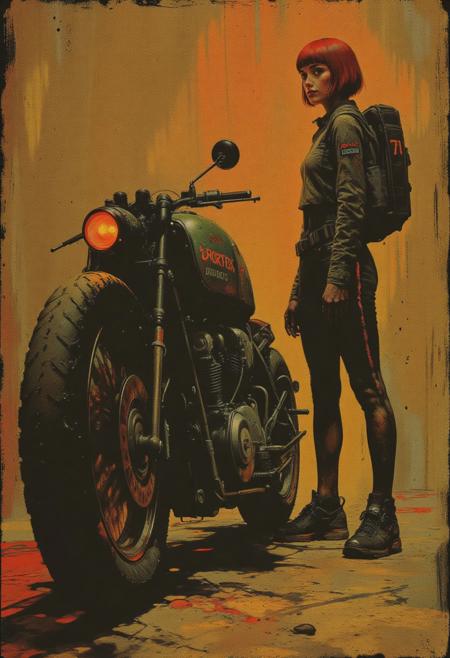 Oil painting, richly textured, canvas on rough hard paper, cinematic realism, 8K detail, photorealistic brushwork, traditional medium simulation — artwork, photorealistic oil painting. A futuristic motorcycle rendered in moody charcoal black with crimson red accents stands in dramatic side profile. Its front wheel glows with deep emerald green and white spokes, while the rear hub bursts with layered hues—muted orange, graphite, and oxblood—framing a dark red and black brake disc. Sponsor markings like “Vortex Dynamics” and “Titan Core” are subtly blended into the painted bodywork, with the number "77" brushed onto the chassis in worn ivory tones. Beside the machine, a young woman with a vivid red bob haircut stands poised. She wears a tightly fitted black racing suit streaked with aged white and deep garnet red lines, subtly catching impasto highlights. Her toned, athletic frame is emphasized through confident posture, hands on hips, and side-turned gaze. The background is now a faded, brush-stroked ochre-yellow, softened with warm canvas grain and vignetted edges, reinforcing an analog, cinematic atmosphere. Mood: bold, gritty, and visceral.