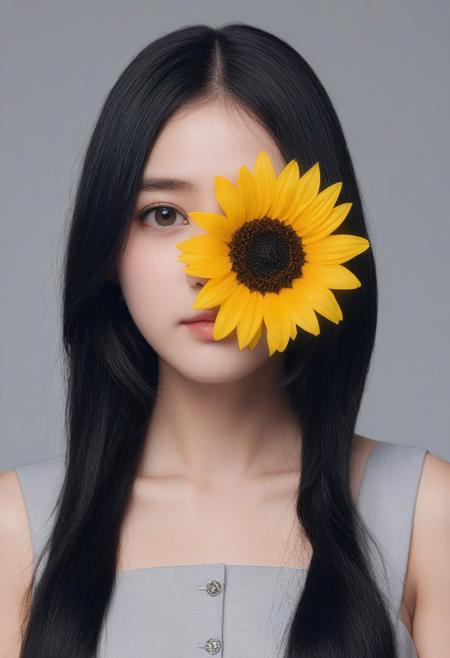 masterpiece, best quality, good quality, very awa, very aesthetic, absurdres, newest, 1girl, solo, looking_at_viewer, simple_background, black_hair, hair_ornament, dress, closed_mouth, upper_body, grey_hair, flower, hair_flower, black_eyes, forehead, yellow_flower, sunflower, dripping