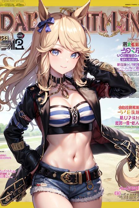 masterpiece, best quality, 
gold city \(umamusume\),  
(magazine cover text, magazine cover:1.3),
hand on own head, smile, 
black choker, gold chain, single glove, white glove, long sleeves, bandeau, strapless, navel, midriff, open jacket, open clothes, black jacket, black belt, denim shorts, cutoffs
<lora:gold_city_lora:0.8>