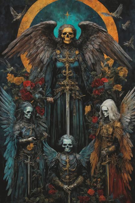occult necropunk angels, mixed media collage, painterly,moody,vivid,flat colors