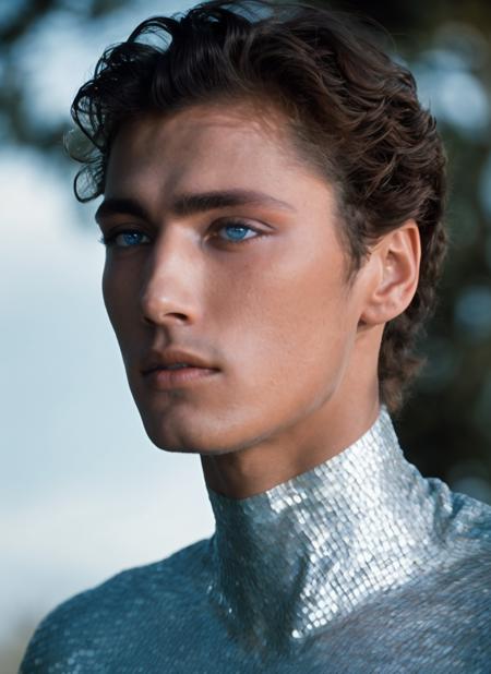 stunning photo of  beautiful 20 years old beautiful boy ihtiandr <lora:ihtiandr:0.7>, looking in the distance, wearing silver bodysuit, dreamlike blue eyes, evening, sharp focus, epic lighting, detailed face, subsurface scattering, f2, 35mm