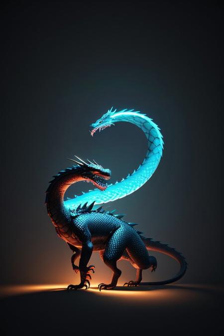 Asian dragon , blue, red, gold snake gradient vibrant neon colour, rough, textural, broad brush strokes, red color prominent detailed, alienzkin, silhouette, spotlight, dark theme, c4d, blender, raytracing, unreal engine 5, render 3d