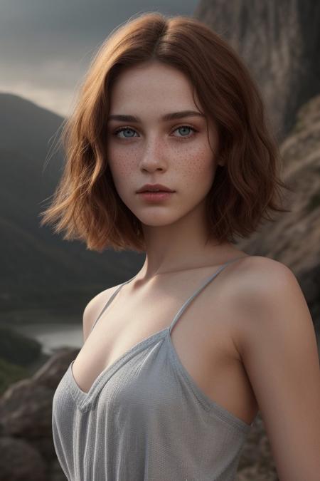 epiCRealism, an outdoor  professional photography of an irish girl with wispy medium length haircut and bold red hair, waist up shot, from below, loose light blue silk camisole with thin straps, light gray eyes, plump glossy wet healthy lips, mouth parted sexily, thin eyebrows, small nose with freckles, petite, slender, fit, perky small breasts, high wind ,vibrant colors, insanely detailed, hyper detailed,  cinematic lighting, high quality, realistic textured skin and skin details,  detailed pupils, cute, highly detailed, RAW photo,  skin pores, skin fuzz,  subsurface scattering, she is provocative and alluring, located on windy mountaintop