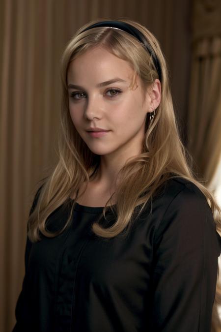 real, masterpiece, best quality, (detail skin texture, ultra-detailed body),
<lora:AbbieCornish_smf_lora_v02:0.9>, 1girl, 4b6i3c-smf, solo, blonde hair, hairband, realistic, long hair, lips, black shirt, upper body, expressionless,  brown eyes, smile