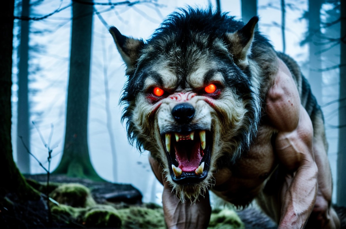 photo of a muscular furry mystical monster_weirwolf with red glowing detailed eyes looks out of the dark fog, large rippin...