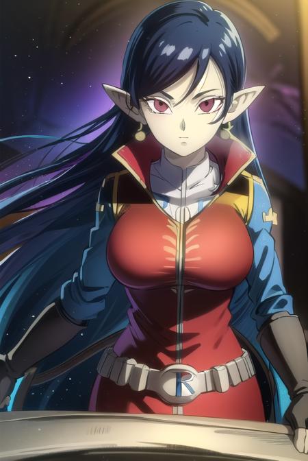 robelu, long hair, blue hair, pointy ears, (red eyes:1.3), gloves, jewelry, earrings, belt, uniform, military, military uniform,