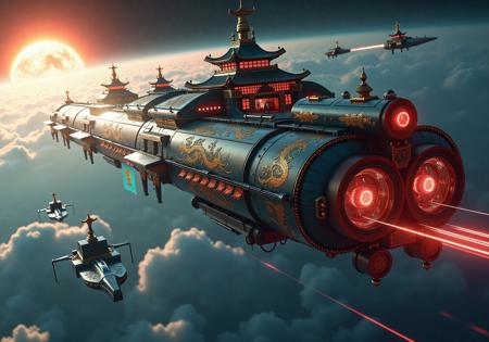 (masterpiece, ultra-HD, 8k, best quality, photorealistic, cinematic lighting, intricate details, hyper realistic textures, depth of field, volumetric lighting, glowing particles, ethereal atmosphere)

A colossal sci-fi spaceship drifts silently above a nebula sea, its hull adorned with intricate Asian & Oriental motifs: dragons coiling along the metal ribs, golden lotus patterns etched across armored panels, jade-like inlays shimmering under starlight. Red lantern-like reactor pods pulse gently, casting soft ambient glow across the ship’s sleek yet ornate silhouette.

Massive archways on the ship’s decks echo traditional East Asian temple gates, crowned with curved rooftops and delicate ceramic ornaments. Silk banners flutter in the artificial breeze, bearing calligraphy and mythical symbols. Hanging wind chimes tinkle subtly in zero gravity.

Below, a cluster of smaller escort ships shaped like koi fish or stylized cranes accompany the flagship, trailing delicate plasma ribbons. The distant backdrop reveals Earth partially eclipsed by a glowing sun, scattering brilliant halo flares.

Inside wide observation decks, holographic bonsai gardens and koi pools float mid-air, monks in minimalist cyber-robes meditate near glowing scrolls. Soft incense-like vapor curls through the corridors, mixing ancient serenity with high-tech luminescence. The entire scene radiates a transcendent harmony, blending advanced sci-fi engineering with timeless Eastern artistry.
