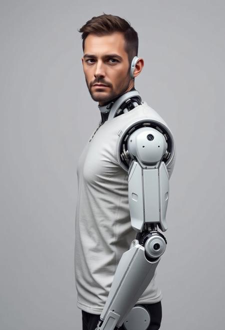 photo portrait of a man stands in front of camera, body slightly turned, looks into camera, high detailed, neutral background, with tiny details of a robot (andriod) but more as a human, realistic photo