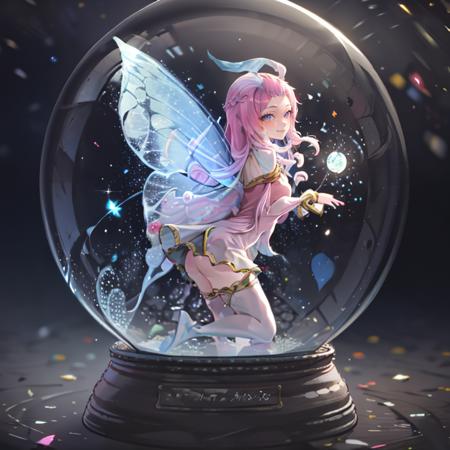 <lora:snow_globe:0.8>, snow_globe,((masterpiece,best quality)), absurdres, <lora:Tasi_AFK_Anime:0.8>, Tasi_AFK, long pink hair, fairy, fairy wings, dress, thighhighs,   side view,  solo, smiling, looking at viewer, cowboy shot,  , ,