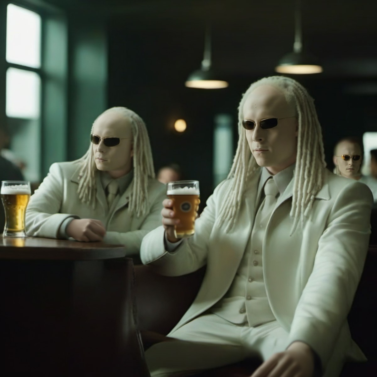 cinematic photo full body two pale men dressed in white, dreadlocks, sunglasses, having a beer in a pub  <lora:TheTwinsMat...