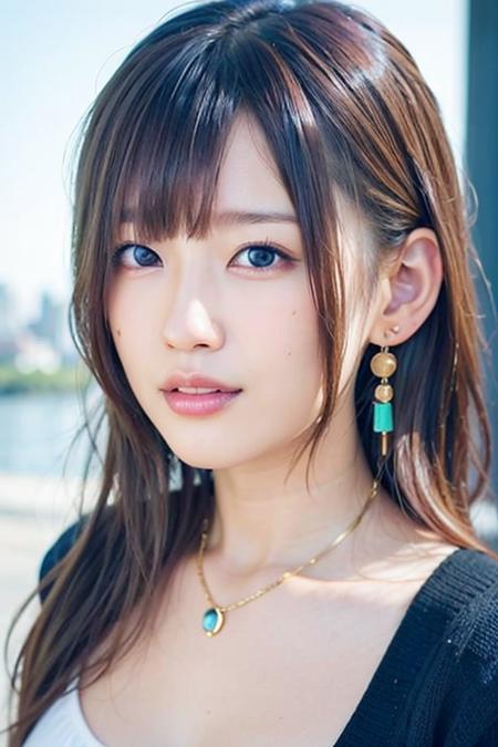 1girl,photo of rierie,earrings,best quality,8k,high quality render,(detailed face:1.4),(looking at viewer:1.4),shiny skin,expressionless,beautiful city background,best wallpaper,(sun lighting:1.2),((random perspective)),low angle,half body, (masterpiece:1.4)
,<lora:rietakahashiv1(5)-000008:0.7>