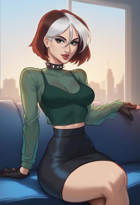 (score_9, score_8_up, score_7_up),
Best quality,
BREAK
((sexy)), 
EVOrogue, makeup, short hair, spiked collar, black gloves, see-through, green shirt, long sleeves, black skirt, 
Sexy pose on couch, blue couch, 
1girl, young adult, medium breasts , slim fit, small waist, 
glossy, pretty girl, 
BREAK
Background : bedroom, afternoon, Sunset light, city in Window on Background, Window,