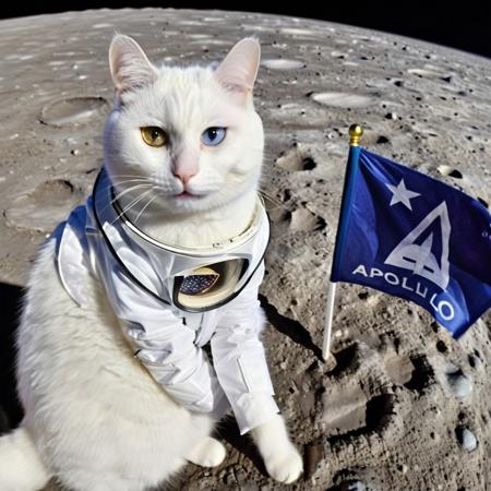 GrubCat, solo, ((((heterochromia)))), ((((left eye blue, right eye yellow)))), solo, white ((((GrubCat cat wearing astronaut Apollo spacesuit and helmet)))), standing on the Moon placing a((((blue flag with white C)))), lunar lander in background, lunar surface, looking at viewer, dynamic angle, best quality, extremely high detailed, masterpiece