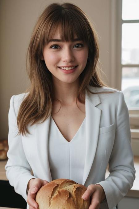 photo realistic, masterpiece, best quality, studio lighting, solo, jmc <lora:jennettemccurdyV01:1>, <lora:polyhedron_skinny_all:.3>, white suit, holding a ((bread,puff)) (Urn) with ((two hands)) , light light smiling ,  blonde highlights with bangs , bakery background,(looking at viewer, realistic eye and face details),film grain:1.5, Kodak Max 400 Film), (nsfw:1.2)