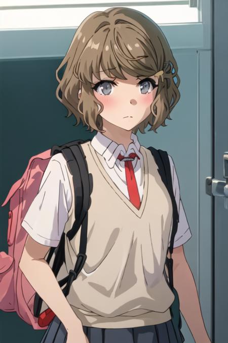 best quality, masterpiece, highres, solo, {koga_tomoe_seishunbutayarou:1.15}, brown_hair, short_hair, hair_ornament, hairclip, blue_eyes, bangs, grey_eyes, 1girl, backpack, bag, looking_at_viewer, necktie, red_necktie, school_uniform, shirt, sweater_vest, upper_body, white_shirt, blush, closed_mouth, collared_shirt, short_sleeves