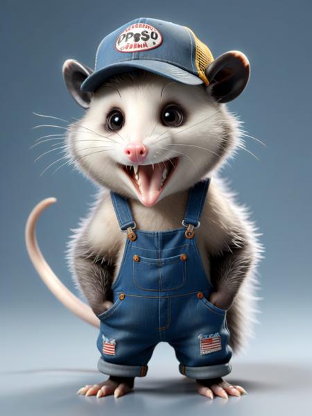 professional 3d model  <lora:Opossum-possum-000002:1> short round, disheveled,  opossum, possum, long nose and overalls  stained trucker hat . octane render, highly detailed, volumetric, dramatic lighting