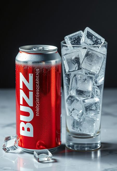 Hyper Realistic can of soda with the letters "BUZZ" down the side of the can, next to a unique glass with ice cubes in it, can has condensation dripping down it