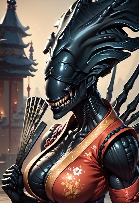 score_9, score_8_up, score_8, source_anime, 1girl, <lora:XenomorphQueen:0.9> solo, colored skin, muscular female, black skin, no eyes, tail, monster, upper body, teeth, sharp teeth, holding japanese folding fan, wearing kimono, 
japanese castle background, 3D, HD,