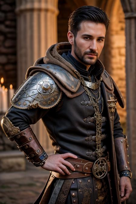 picture of a masculine and experienced crusader, 30 years old, standing, face closeup, proud facial expression,
4k, hdr, high resolution, very detailed, Sony Alpha A6400, 35mm, professional photography,
real skin, detailed skin, wearing fusion of medieval and steampunk details, holding a arcane glowing sword, bokeh, steampunk castle background,
 <lora:detail_slider_v4:2>
<lora:epiCRealismHelper:0.5>
 <lora:skin_slider_v10:0.5>
